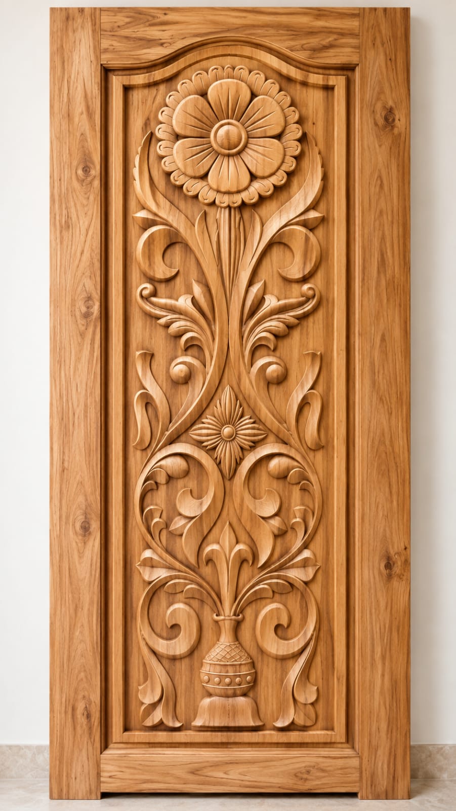 Teak Wood Floral Flower & Kalash Carved Door