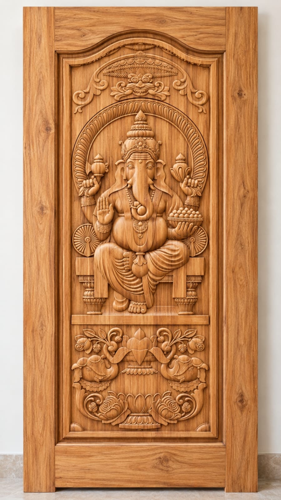 Teak Wood Lord Ganesha & Elephant Floral Carved Door