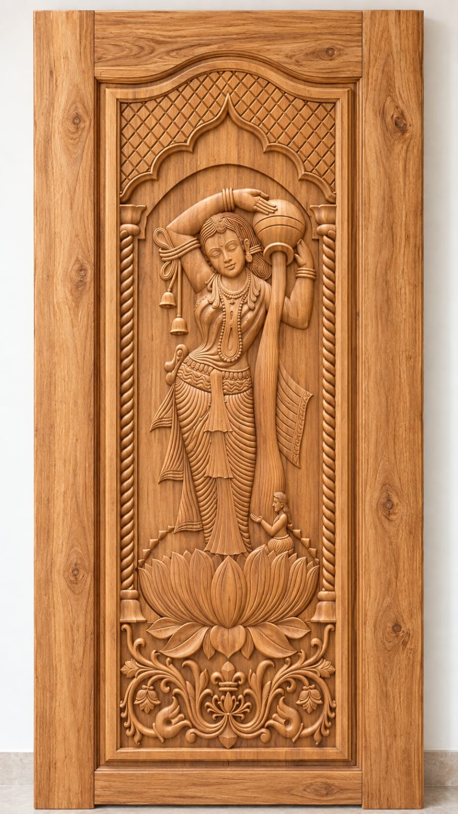 Teak Wood Krishna Flute Temple Arch & Lotus Carved Door