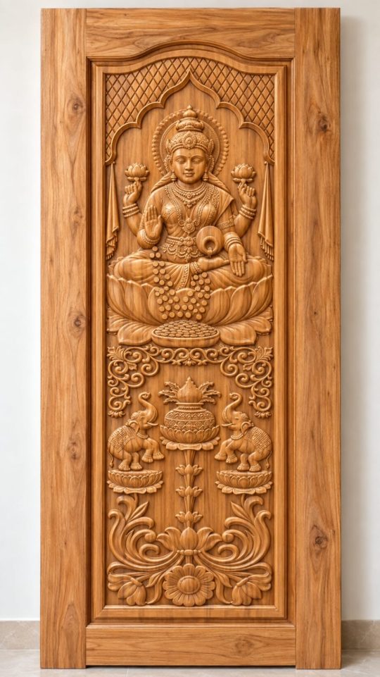 Teak Wood Lakshmi Temple Arch & Elephant Floral Carved Door