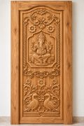Teak Wood Ganesha & Peacock Floral Carved Door