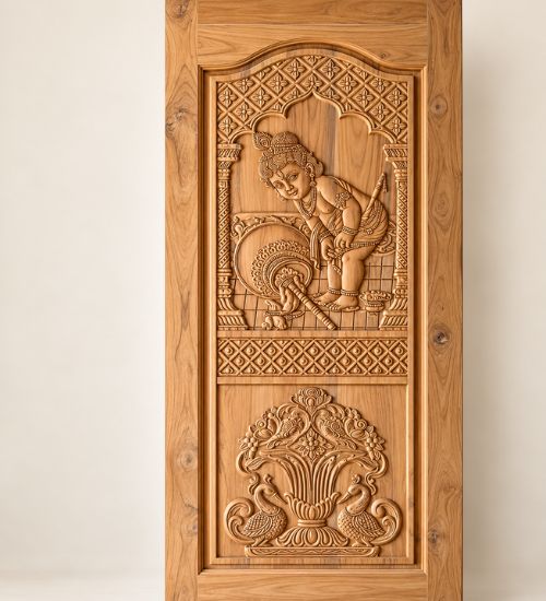 Krishna & Peacock Carved Door