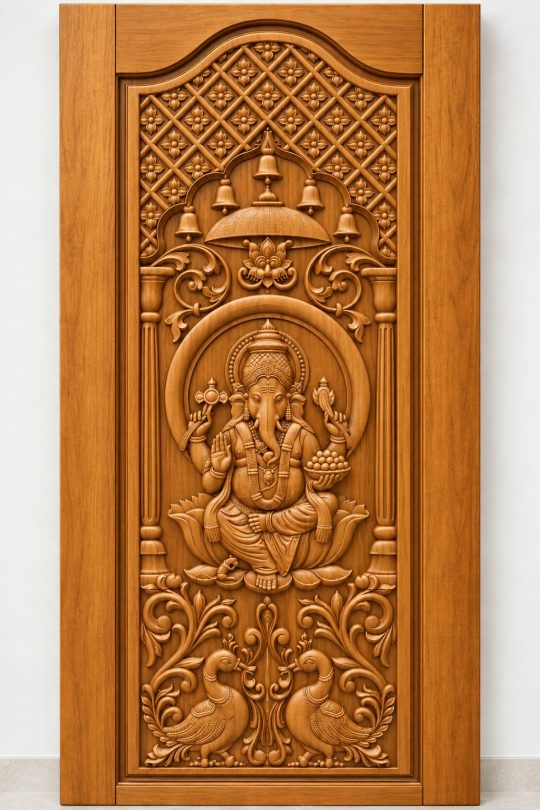 Teak Wood Ganesha Temple Arch & Peacock Carved Door