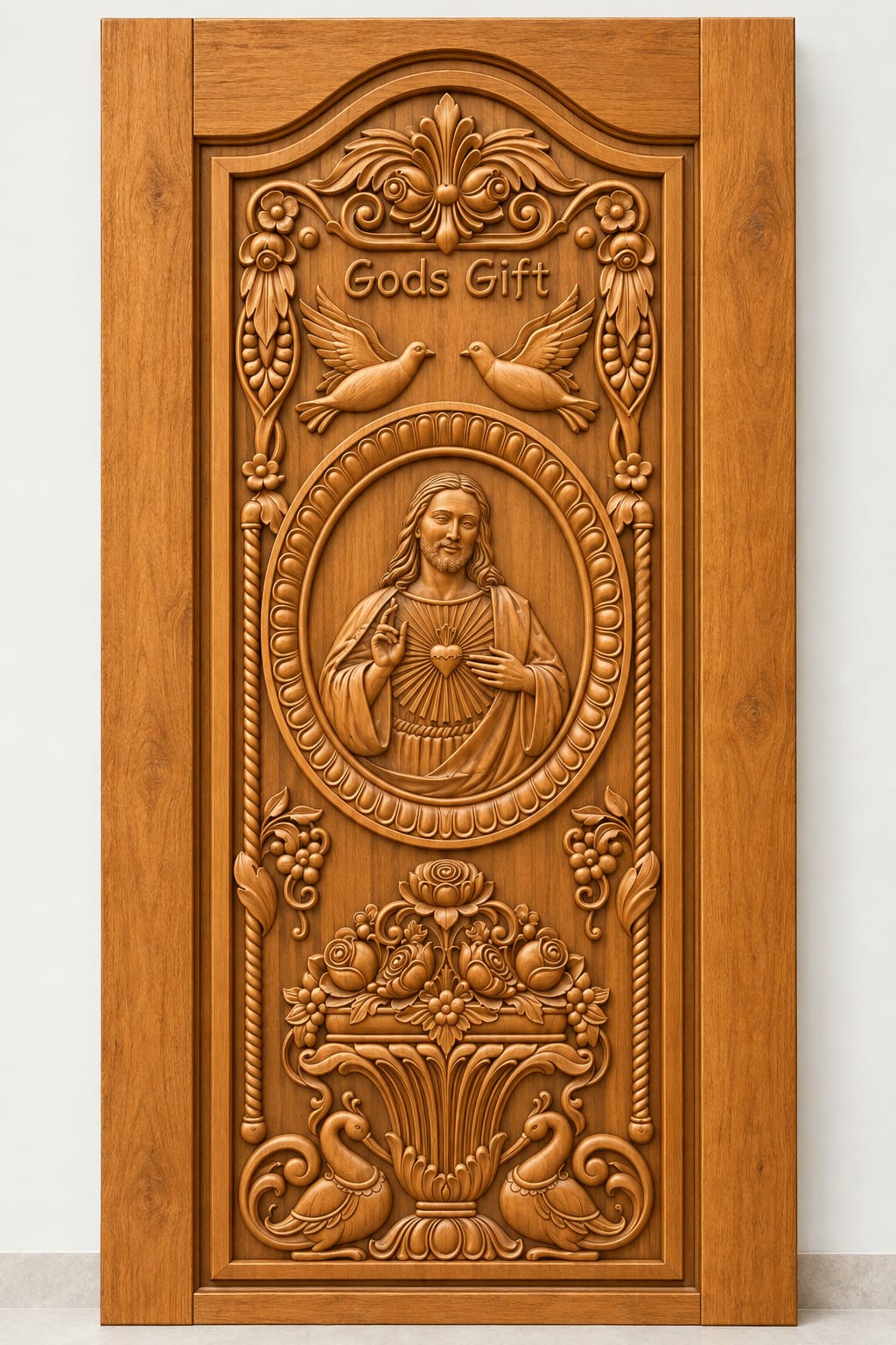 Teak Wood Jesus & Peacock Floral Carved Door