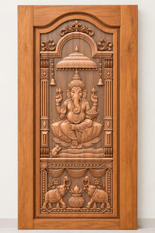 Teak Wood Ganesha Temple Arch & Elephant Carved Door