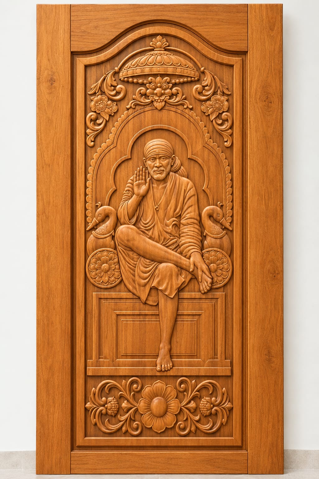 Teak Wood Sai Baba Temple Carved Door