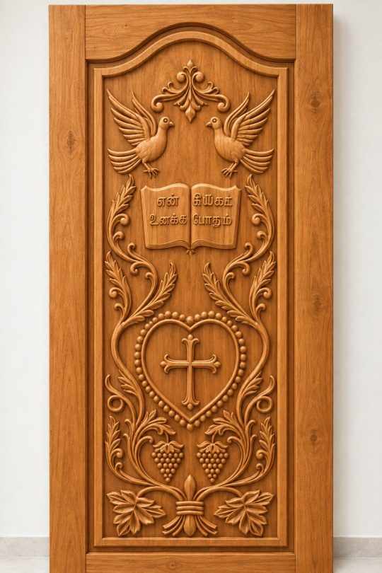 Teak Wood Christian Cross & Floral Carved Door