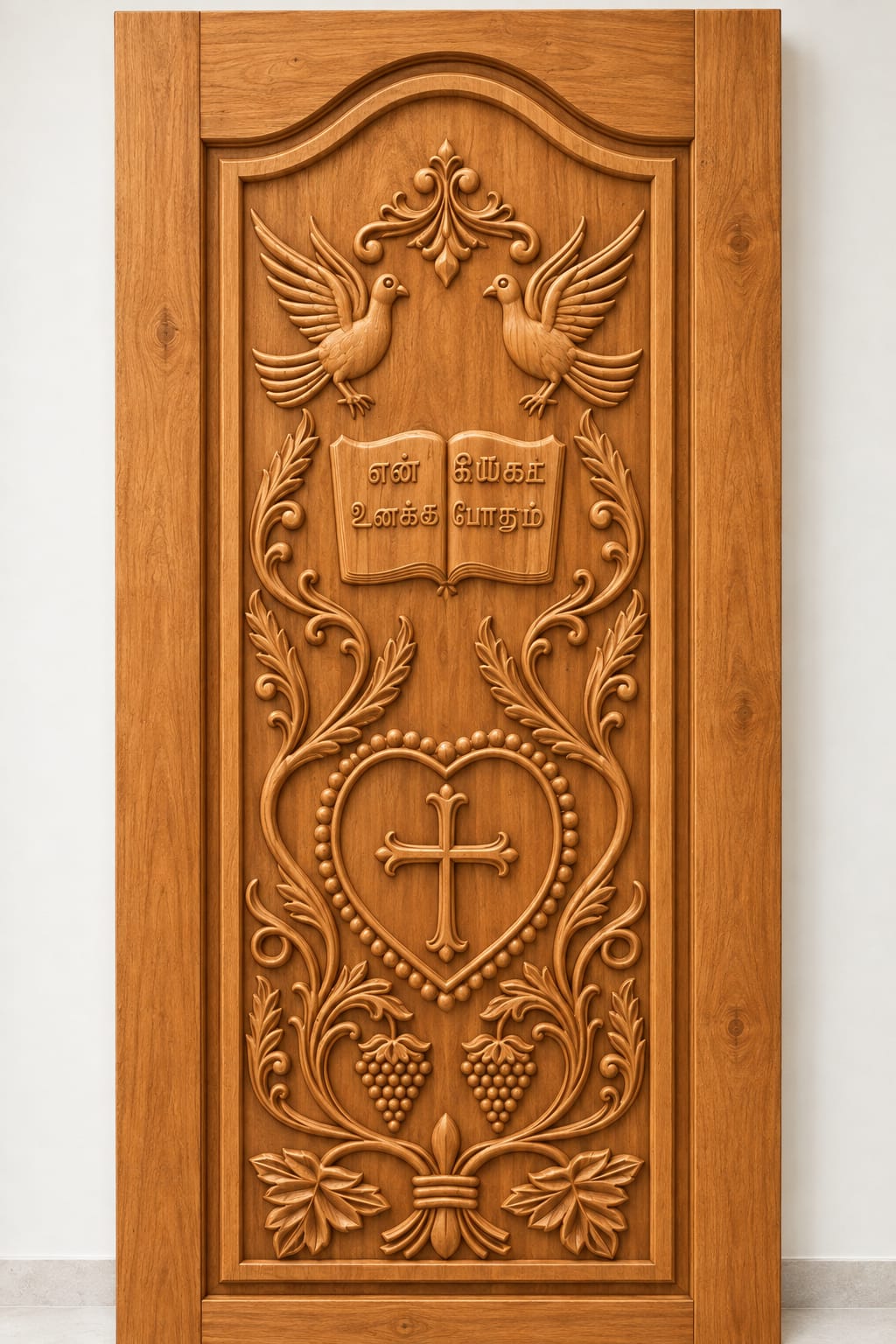 Teak Wood Christian Cross & Floral Carved Door