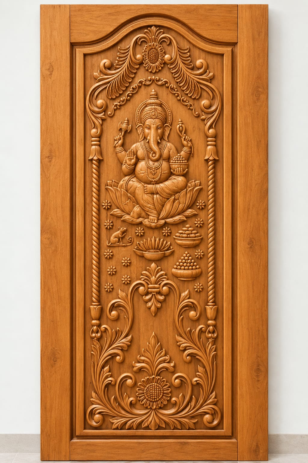 Teak Wood Ganesha Lotus & Floral Carved Door