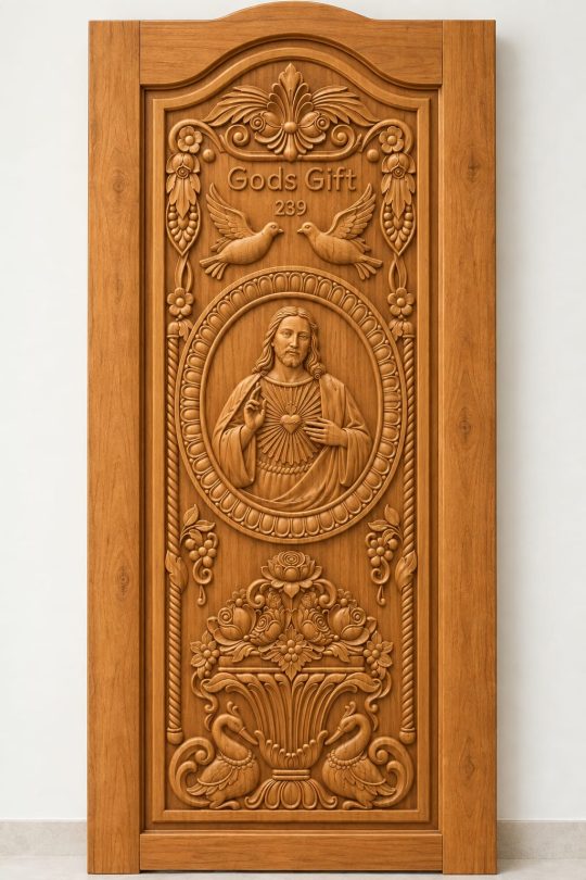 Teak Wood Jesus Sacred Heart & Peacock Carved Door