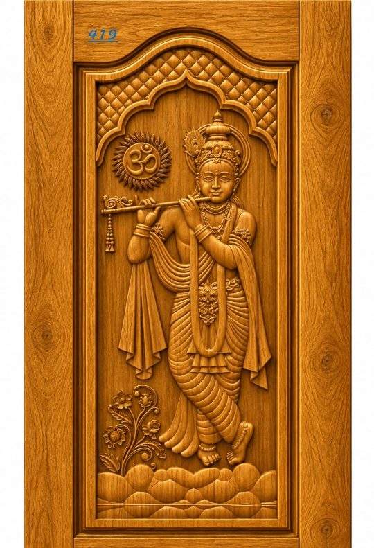 Lord Krishna Flute Playing Teak Wood Carved Door