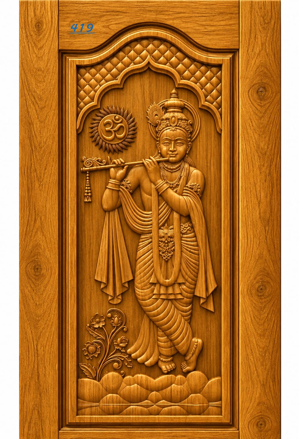 Lord Krishna Flute Playing Teak Wood Carved Door