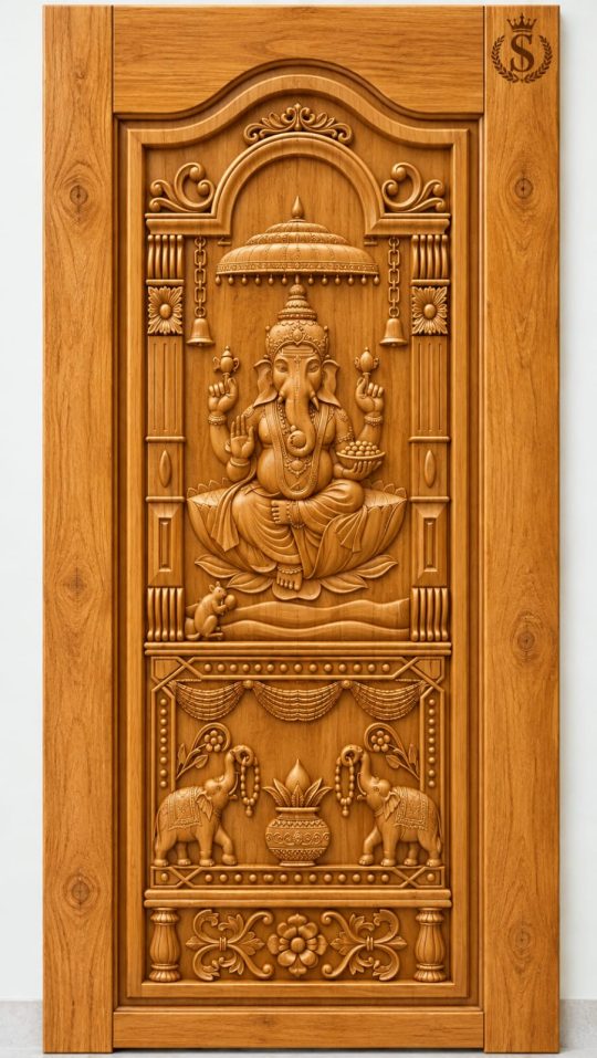 Teak Wood Lord Ganesha Temple Arch & Elephant Floral Carved Door