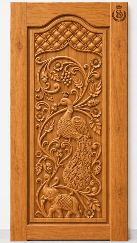 Teak Wood Royal Peacock & Elephant Floral Carved Door