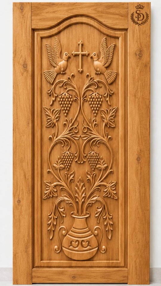Teak Wood Twin Birds, Cross & Floral Vase Carved Door