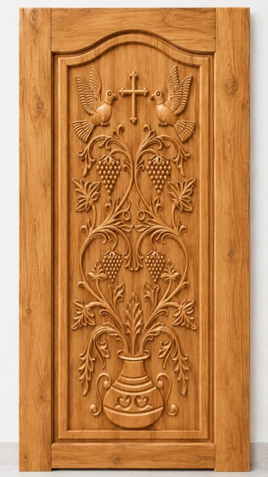 Teak Wood Twin Birds, Christian Cross & Grape Vine Carved Door