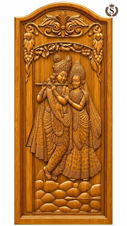 Teak Wood Lord Krishna & Radha Carved Door