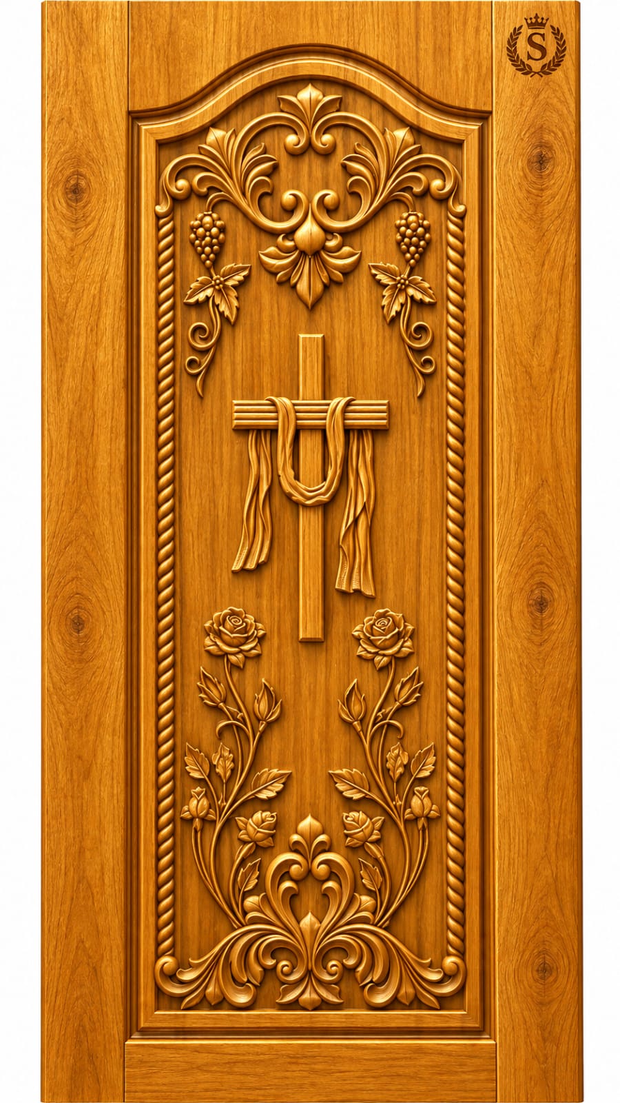 Teak Wood Christian Cross & Floral Scroll Carved Door