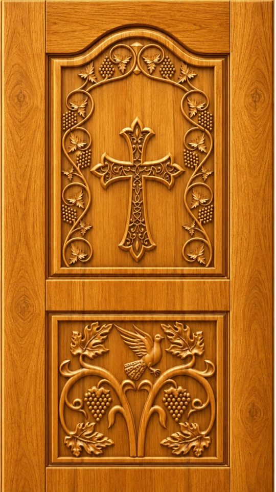 Teak Wood Ornamental Christian Cross & Dove Floral Carved Door