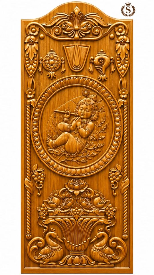 Teak Wood Baby Krishna Flute Carved Door